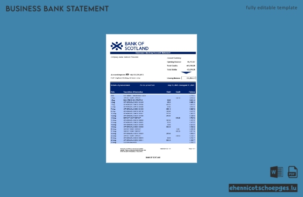 Beispiel eines Kontoauszugs eines Firmengirokontos der Bank of Scotland (Word- und PDF-Datei)